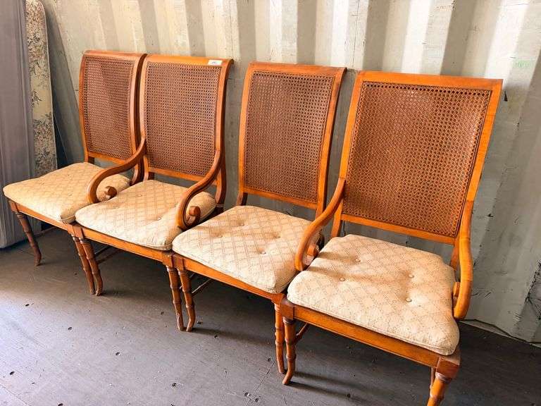 Set of 4 Cane-Back Upholstered Wood Dining Chairs (2 Arm, 2 Side)
