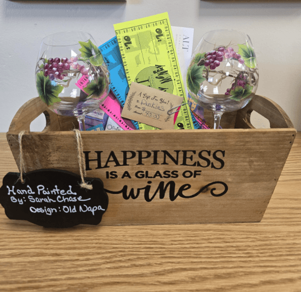 Wine Basket, 2 Hand Painted Wine glasses with a gift card to Pinkie's & a Variety of tickets for Ama