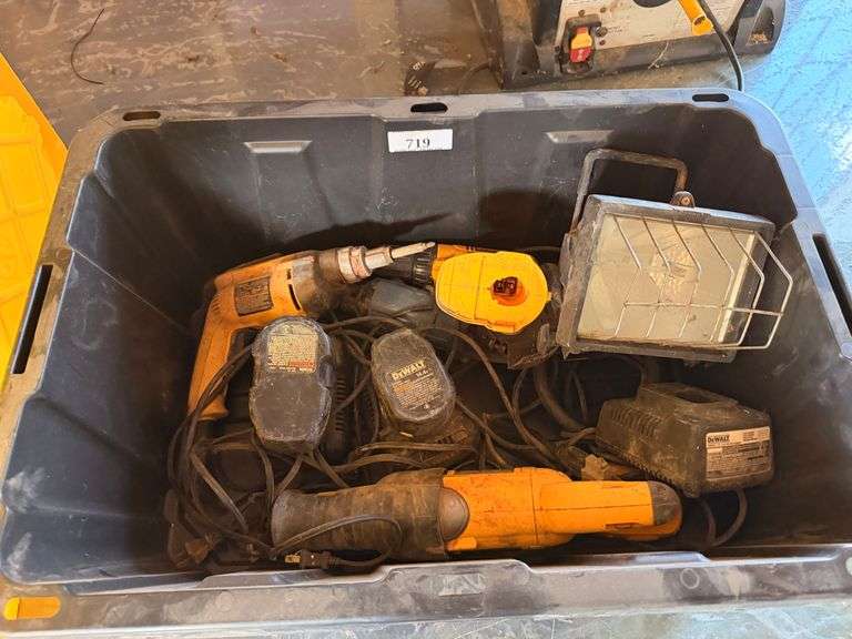 Plastic Tote of DeWalt Corded Tools and Halogen Work Light
