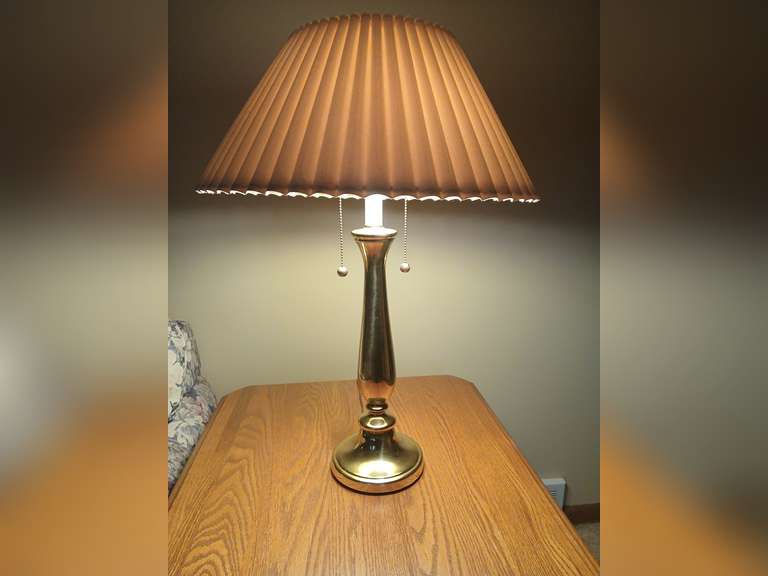 Pair 26" brass table lamps with cream shade