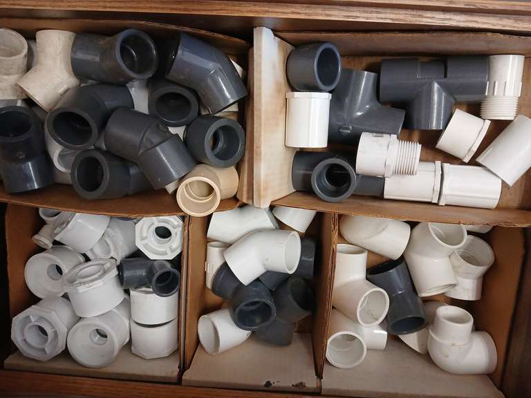 Group pvc 1" female adapters, 1 1/4" soc elbows, 1" 45 elbows and more