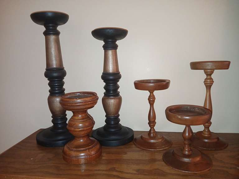 Group of Carved Wood candle holders. 5"-14"H