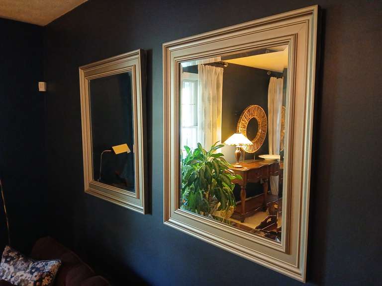 Pair gold framed bevel glass mirrors. Measures 30"w x 36"h