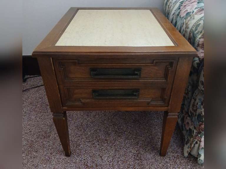 Pair Mid Century Modern marble top end tables with single drawer storage,  20w x 26d x 21h