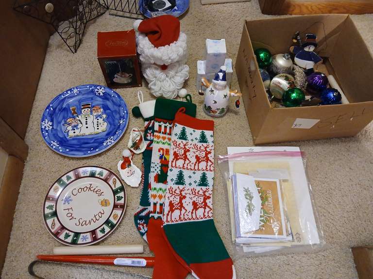 Christmas plates & ornaments, stocking, greeting cards, Carlton ornaments