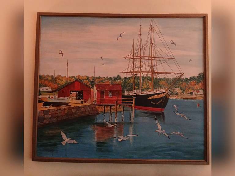 Local artist RW Bandelow Mistec Seaport Connecticut oil on board art, 41x48 and arriving seaside, 17x21