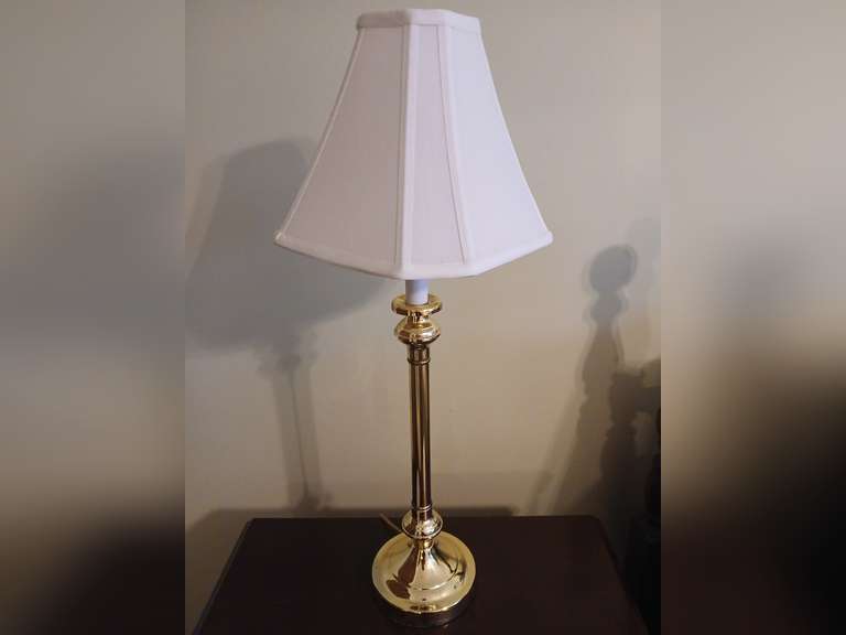 Pair brass table lamps with white shade. 29"H