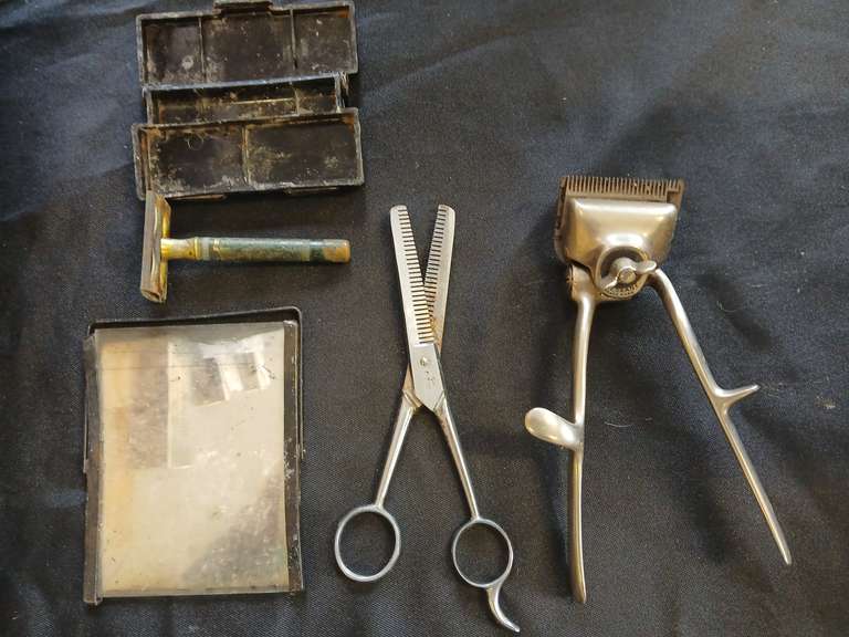 Early Barber Tools including Brown & Sharpe clippers, chrome scissors, mirror, Early Brass shaver in travel case