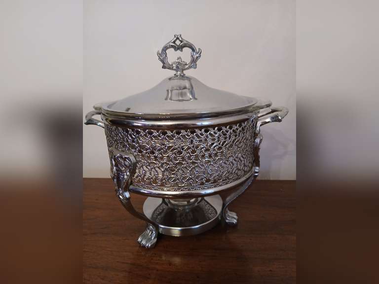 Anchor Hocking Fire King Ornate Silver Plate Footed Chafing Dish. 11"H