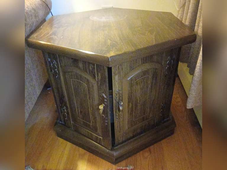 Pair pine hexagon end tables with under storage