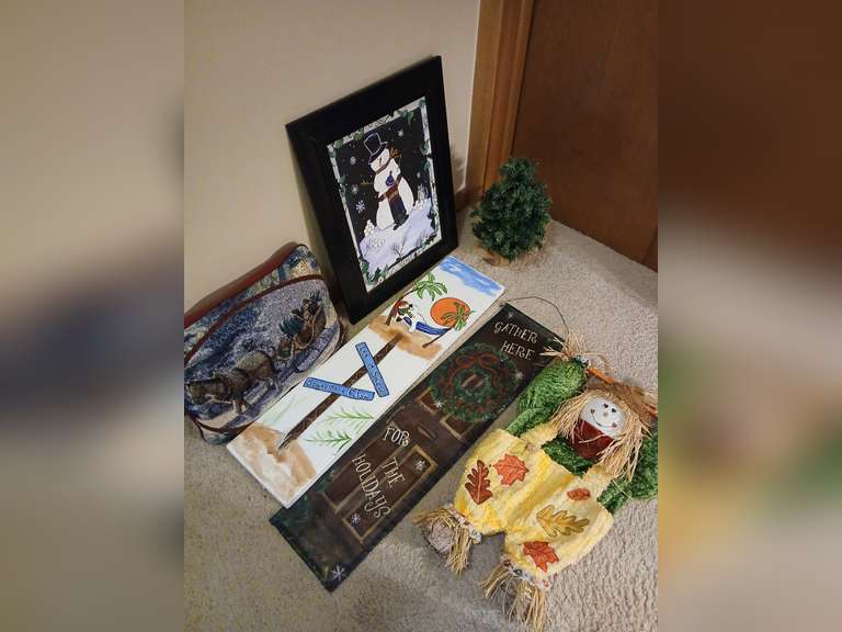 Thomas Kinkade pillow, fall & winter decorations, mini tree