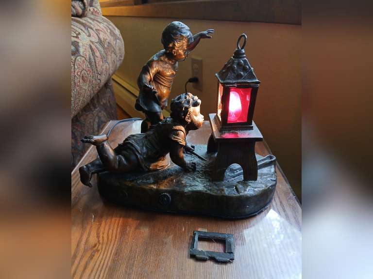 Made in France bronze child table lamp nightlight, lantern missing one panel and top loose