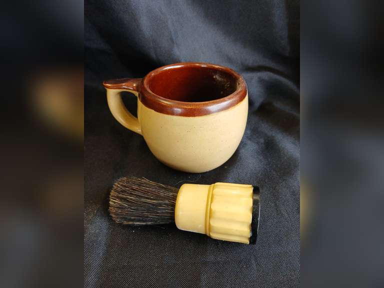 Early stoneware shaving mug with Rubberset brush