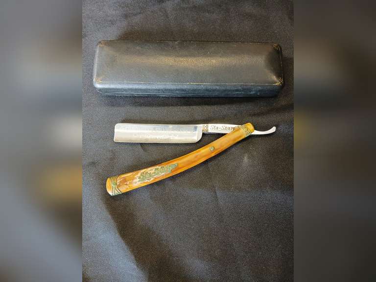 F. Koeller & Company Solingen Germany Sta-Sharp straight razor with celluloid handle and black case