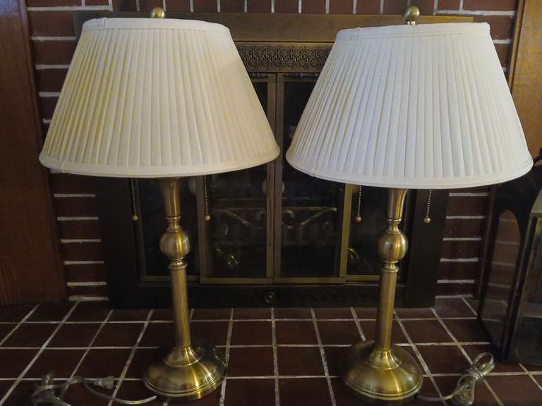 Pair Solid Brass ornate table lamps with white shade. 29"H