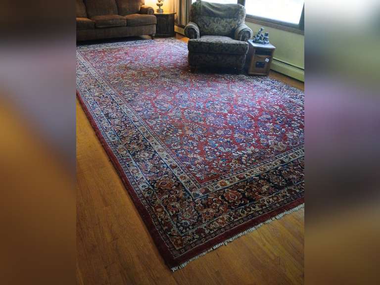 Large cranberry, blue & pink geometric floral design area rug, approximately 8.5' x 16.5'