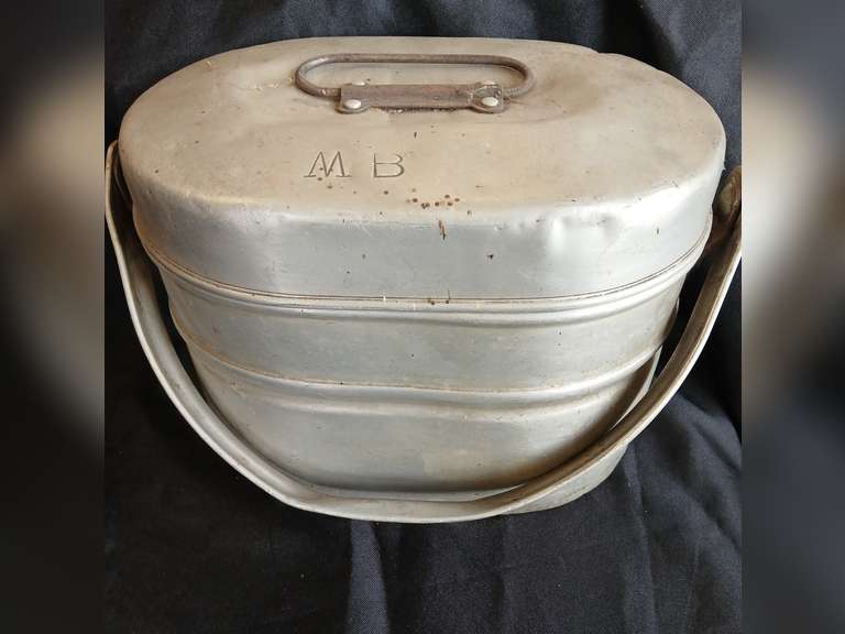 Vintage 1930's Coal Miner's Wear-Ever Aluminum Oval Lunch Box, Metal Handle & Sandwich Insert Tray