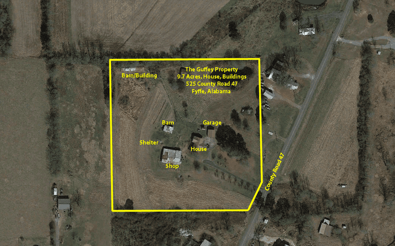 The Guffey Property, 9.7 Acres, House , Shop, Tractors and Farm Implements Fyffe, Alabama