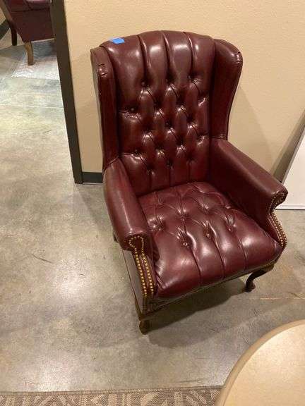 Tufted Leather Wingback Chair in Burgundy