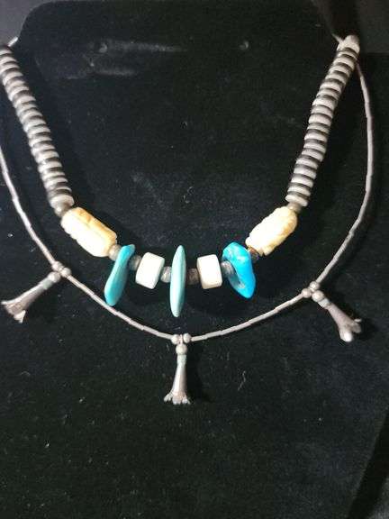 Two necklaces, silver, shell and turquoise beads