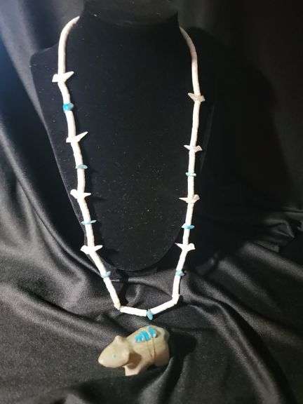 Shell with turquoise and bird fetish necklace and bear fetish with small turquoise arrowhead