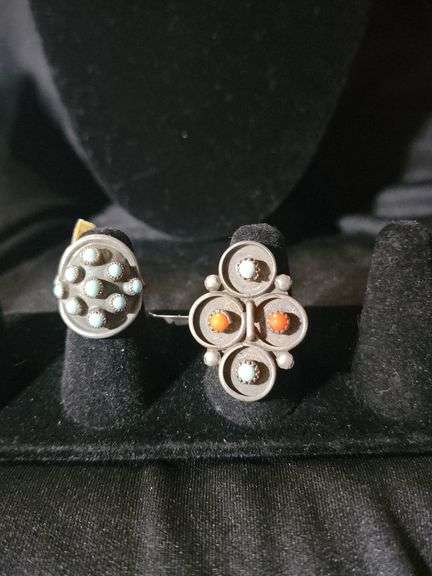 Two silver with turquoise and coral rings, size 4 and size 7