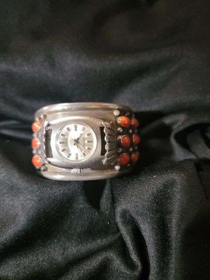 Silver watch cuff with red coral and Waltham watch, marked FG