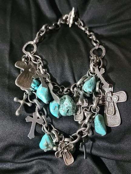 Turquoise stones with crucifixes and chain necklace