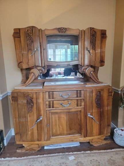 1920 Buffet, French, Art Deco, Carved Fruit, Oak, Glass, Mirror, Marble
1920 Buffet, French, Art Dec