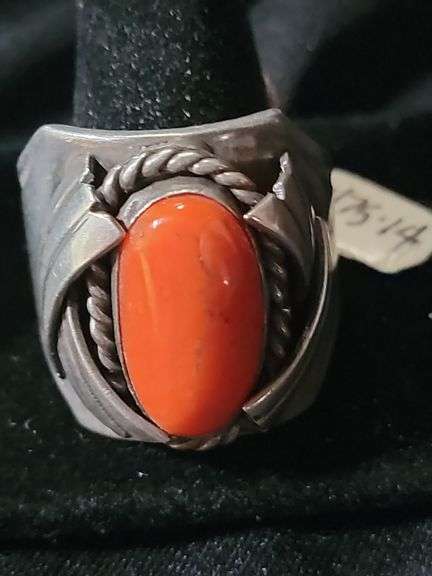 Silver and red coral ring size 14, with maker's Mark