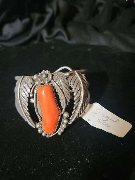 Silver with red coral bangle with leaf design signed T.Lee