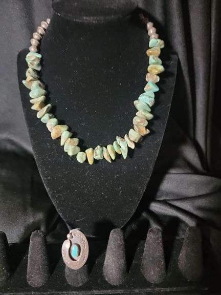 Silver and turquoise ring size 4-1/2, and turquoise stone with silver bead necklace