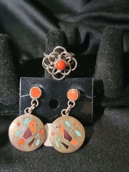 Bird design silver earrings with coral and silver size 5 and 1/2 ring