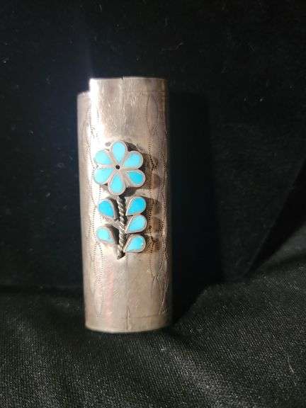 Silver with floral design turquoise inlay lighter cover