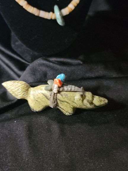 Shell and turquoise necklace with greenstone fox fetish