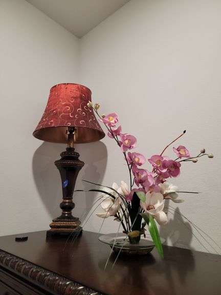 Lamp with red shade & pinkn& white flowers