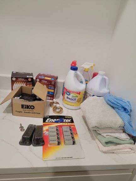 cleaners, batteries 9v, hand towels, light bulbs