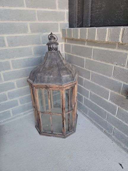 Large lantern, approximately 24 in tall, and blue flower pot