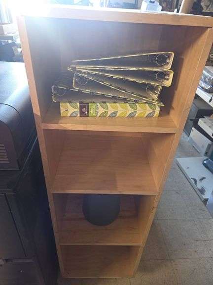 Wooden Shelf Unit with Binders and Ceramic Pottery