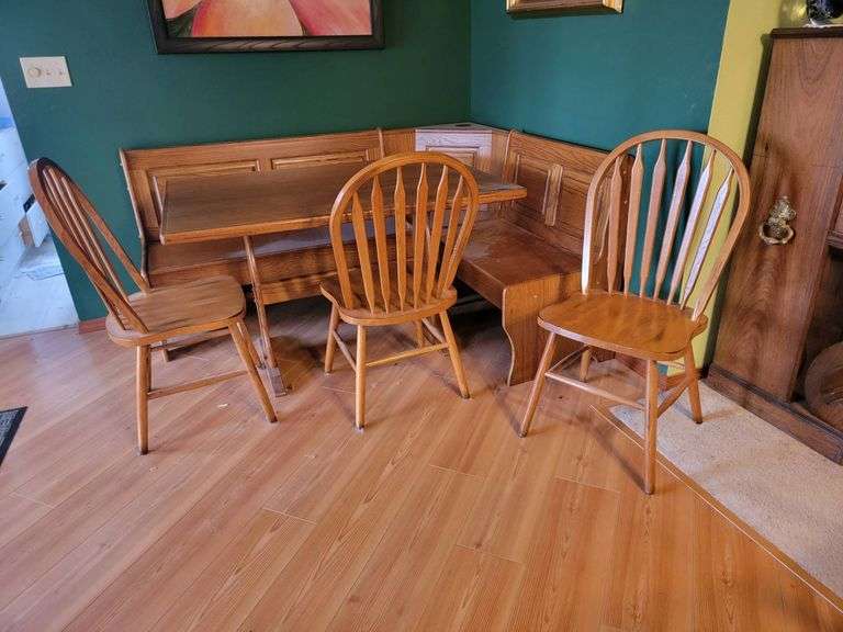 Oak wood Dining Table with L shaped corner storage Bench and Three Windsor style Chairs