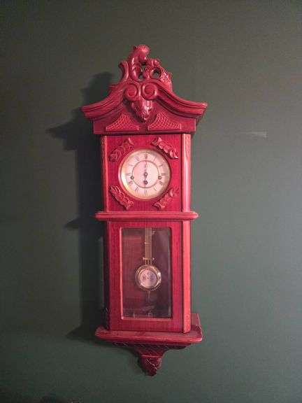 Wall-Mounted Wooden Pendulum Clock with Glass Front, crack on face