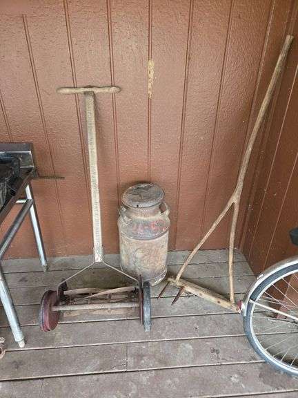 Vintage Farming Tools and Steel Milk Can marked 26-52