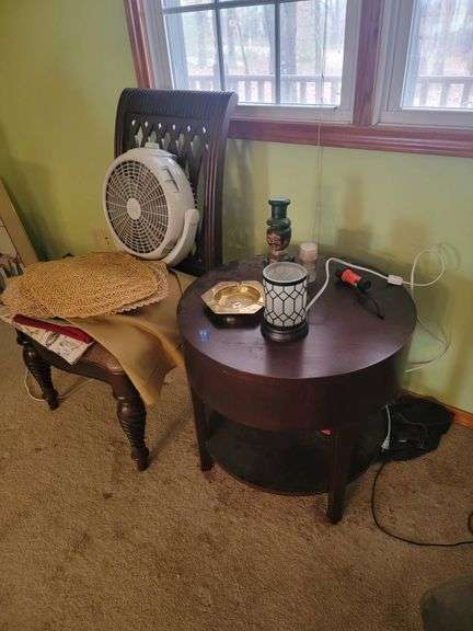 Round Side Table with Chair, Fan, placemats and Miscellaneous Items
