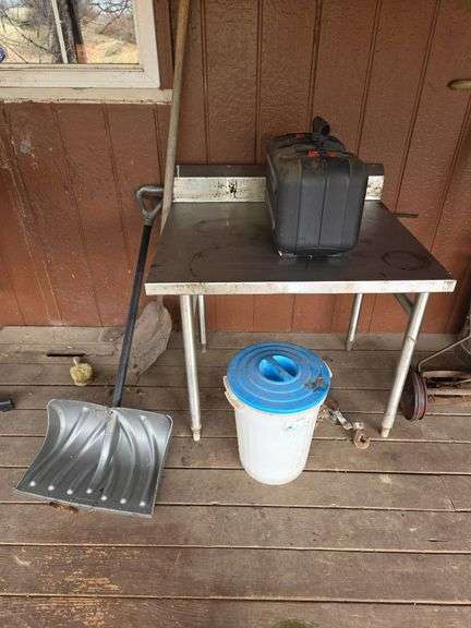 Metal Table, Case,snow Shovel, and Bucket