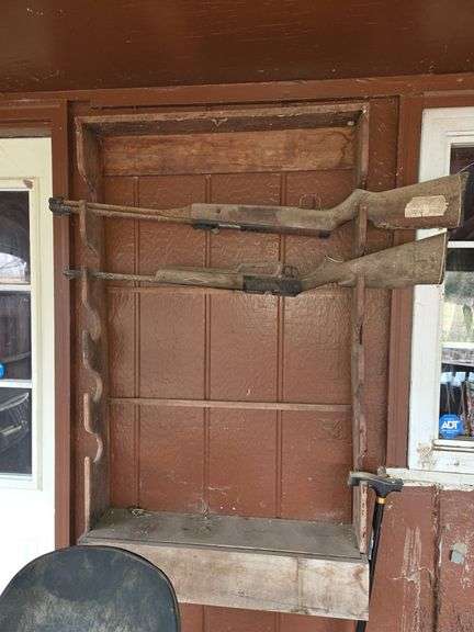 Two Vintage Rifles in Wooden Wall-Mount Rack
