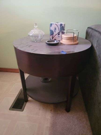 Round Side Table with Contents and Lower Shelf
