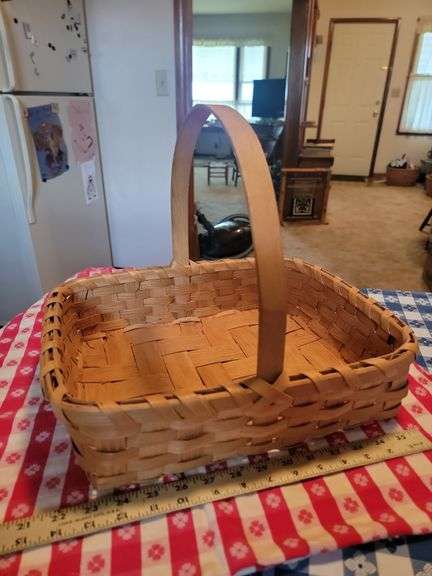 Rectangular split wood basket approximately 13 in by 11 in signed L Davis '89