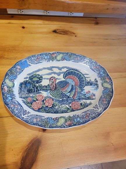 Churchill Blue Turkey Platter with Floral Border, made in Staffordshire England