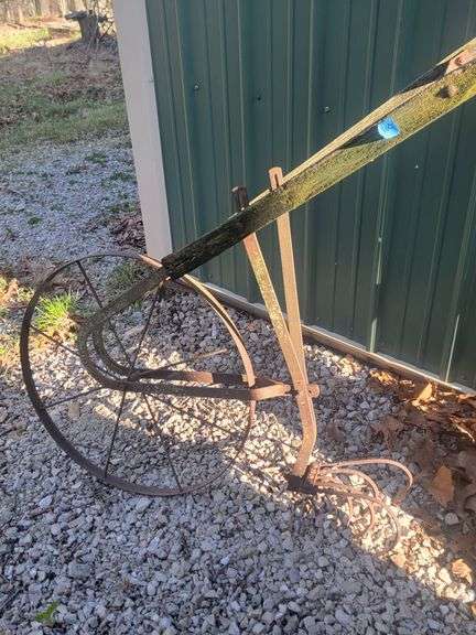 Vintage Metal and Wood Plow with Single Wheel, #100
