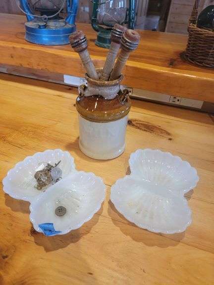 Stoneware Milk Jug, Wooden Spindles and Shell milk glass Dishes